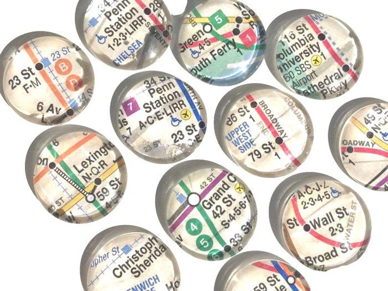 NYC Subway Map Magnets - Domed Glass Cabochons, Ceramic Fridge Magnets - Set of 12 image 3