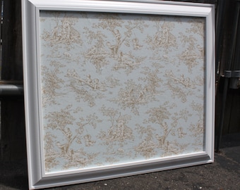 Chinoiserie Toile Framed Fabric Covered Bulletin Board: Cork or Magnetic - Your choice. Baby Blue Home Decor Inspiration Board