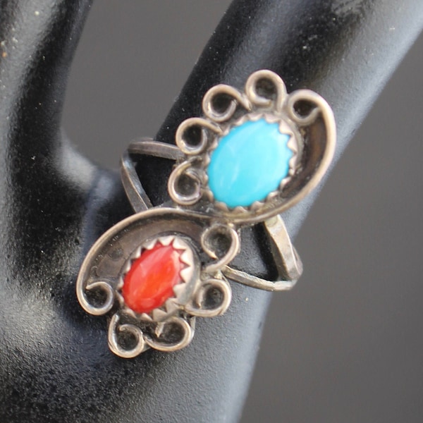 Hallmarked Navajo Ring: Craftsman Brugh Tsosie, Red Coral, and Turquoise Ring with Southwestern Gemstones in Sterling Silver. 1937