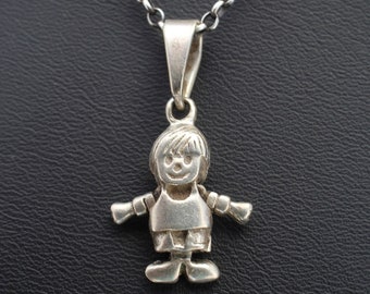 Silver Child pendant: Sterling silver with articulating, moving arms and legs, for mom or grandmother on silver rolo chain, 18 inch. 11424