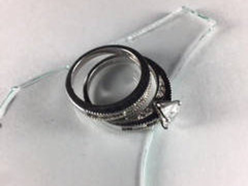 9 Cubic Zirconia Silver Engagement Ring and Wedding Band Set with Solitaire and Small Clear CZ Stones Sz