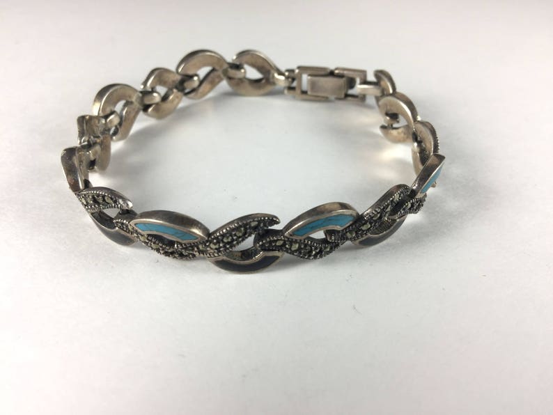 Onyx Turquoise 10276 Marcasite and Sterling Silver Link Bracelet With Alternating Links of Turquoise and Onyx