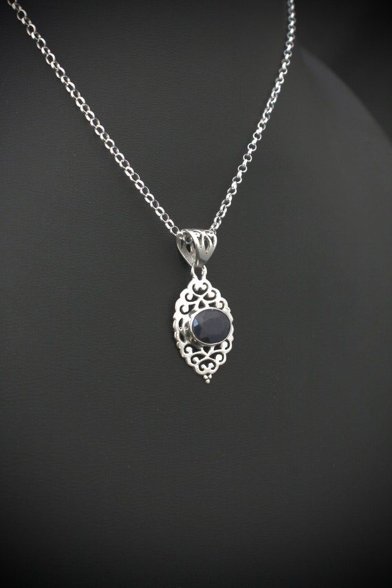 Sapphire, silver pendant necklace: Deep sapphire … - image 1