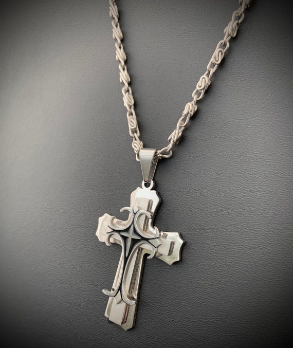 Stylized, Unique, Unusual, Ornate, Stainless Steel Cross on Twenty Five inch Scrolling Stainless Steel Chain. Christian Cross 11541