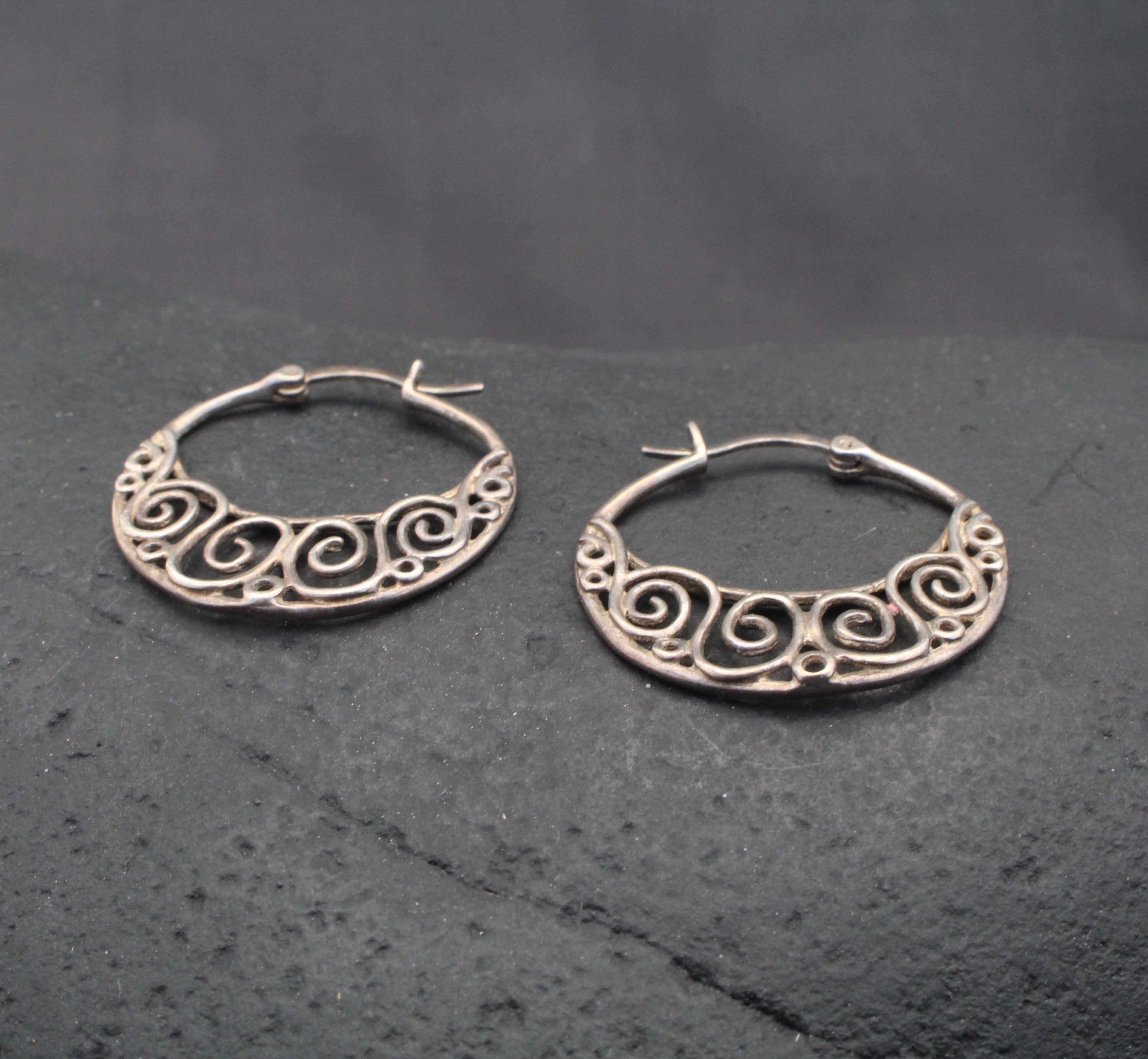 Tribal Hoop Silver Earrings: Eighties, Boho, Hippie, Gypsy