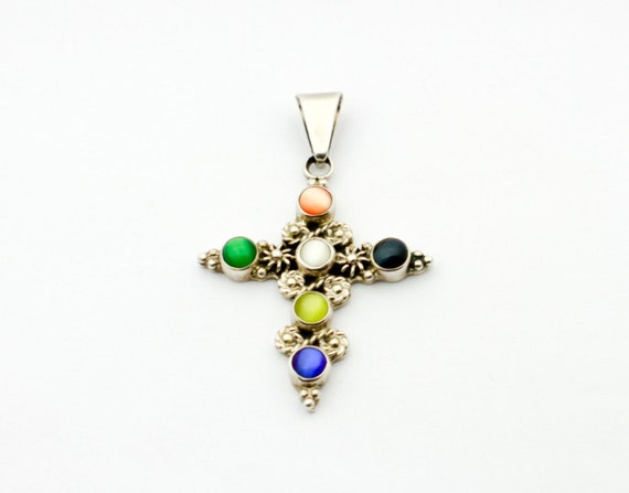 Multi Stone Cross Pendant: Sterling Silver with  … - image 1