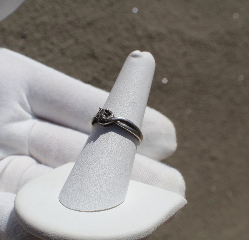 sterling silver ring of Mid Century style set in a size 7 Small diamond engagement ring Wedding anniversary 10518 with round solitaire
