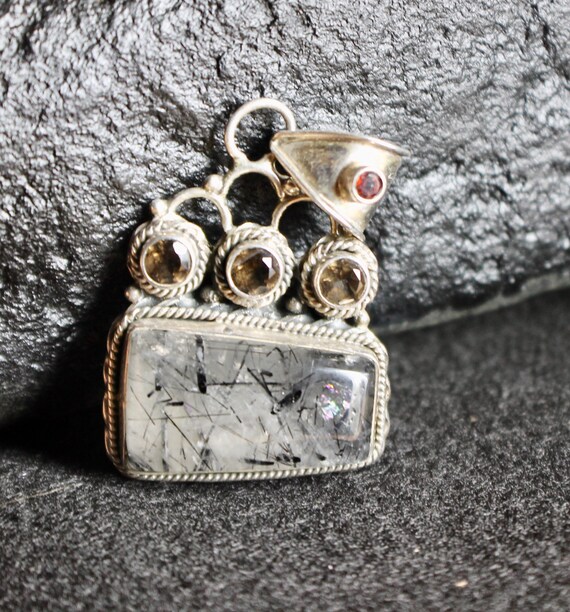 Multi Stone, silver bracelet: Steampunk style pen… - image 3