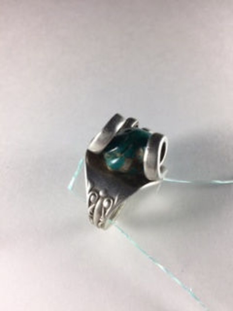 Natural Turquoise Stone Sz 4 Rustic Unusual Abstract Turquoise and Sterling Silver Ring Created from a Fork with a Large