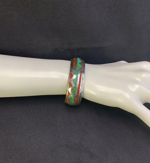 Brilliant Native American Navajo Signed Inlay Turquoise Orange Spiny Sterling Silver Bracelet Brilliant Native American Navajo Signed Inlay Turquoise Orange Spiny Sterling Silver Bracelet