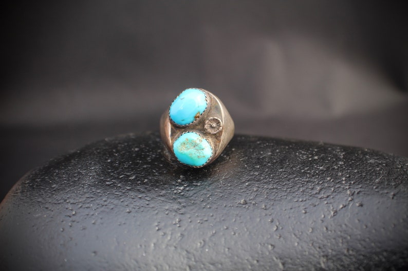 Navajo A-73 Men\u2019s Native American old pawn in size 12 US with two turquoise stones and tribal symbol heavy sterling silver ring
