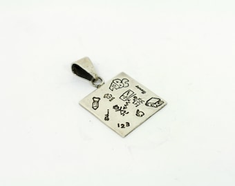 Silver Teachers Pendant: School Shapes Children's Symbols, Including ABCs, a Book, Pencil, and More etched into Sterling Silver Square 1525