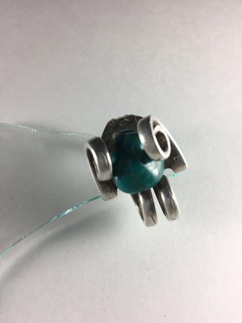 Natural Turquoise Stone Sz 4 Rustic Unusual Abstract Turquoise and Sterling Silver Ring Created from a Fork with a Large