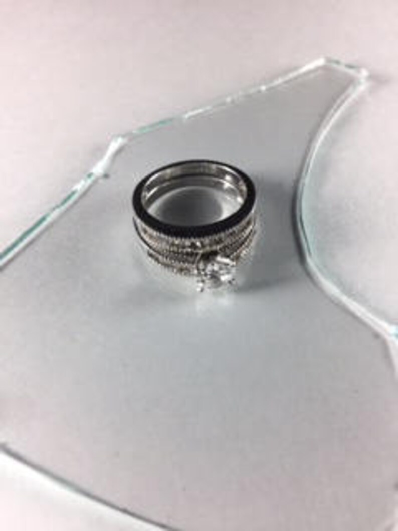 9 Cubic Zirconia Silver Engagement Ring and Wedding Band Set with Solitaire and Small Clear CZ Stones Sz