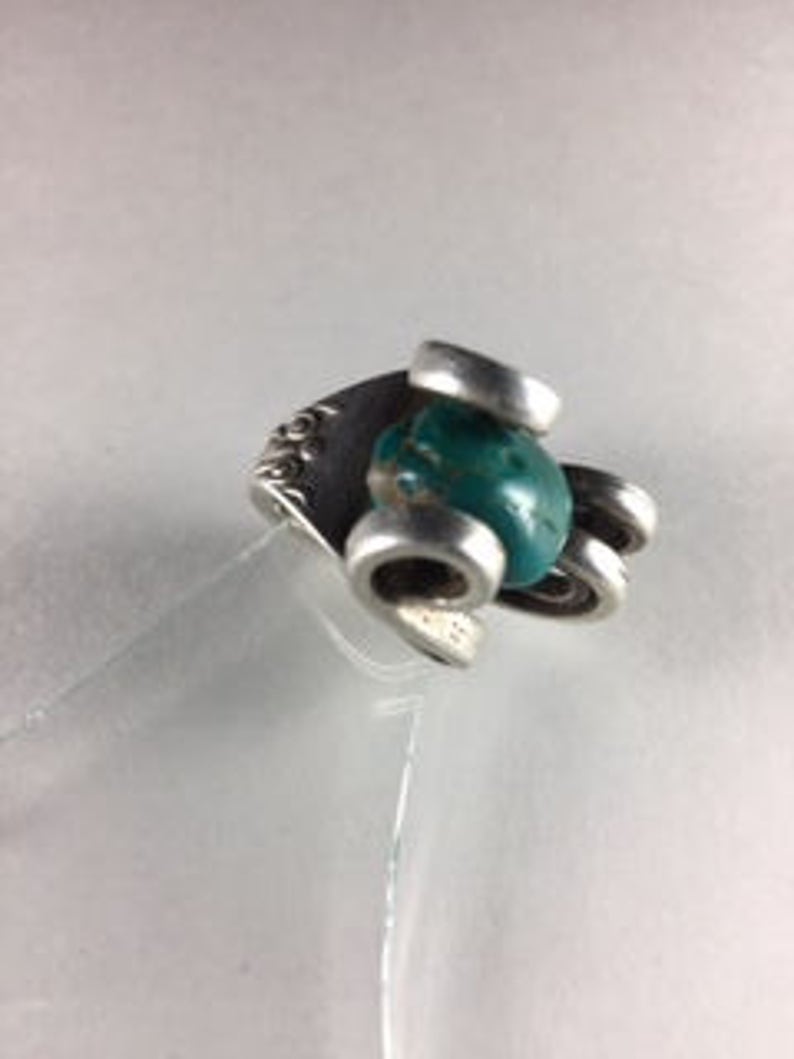 Natural Turquoise Stone Sz 4 Rustic Unusual Abstract Turquoise and Sterling Silver Ring Created from a Fork with a Large