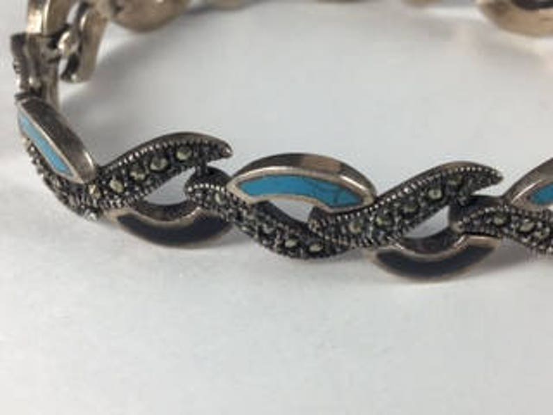 Onyx Turquoise 10276 Marcasite and Sterling Silver Link Bracelet With Alternating Links of Turquoise and Onyx