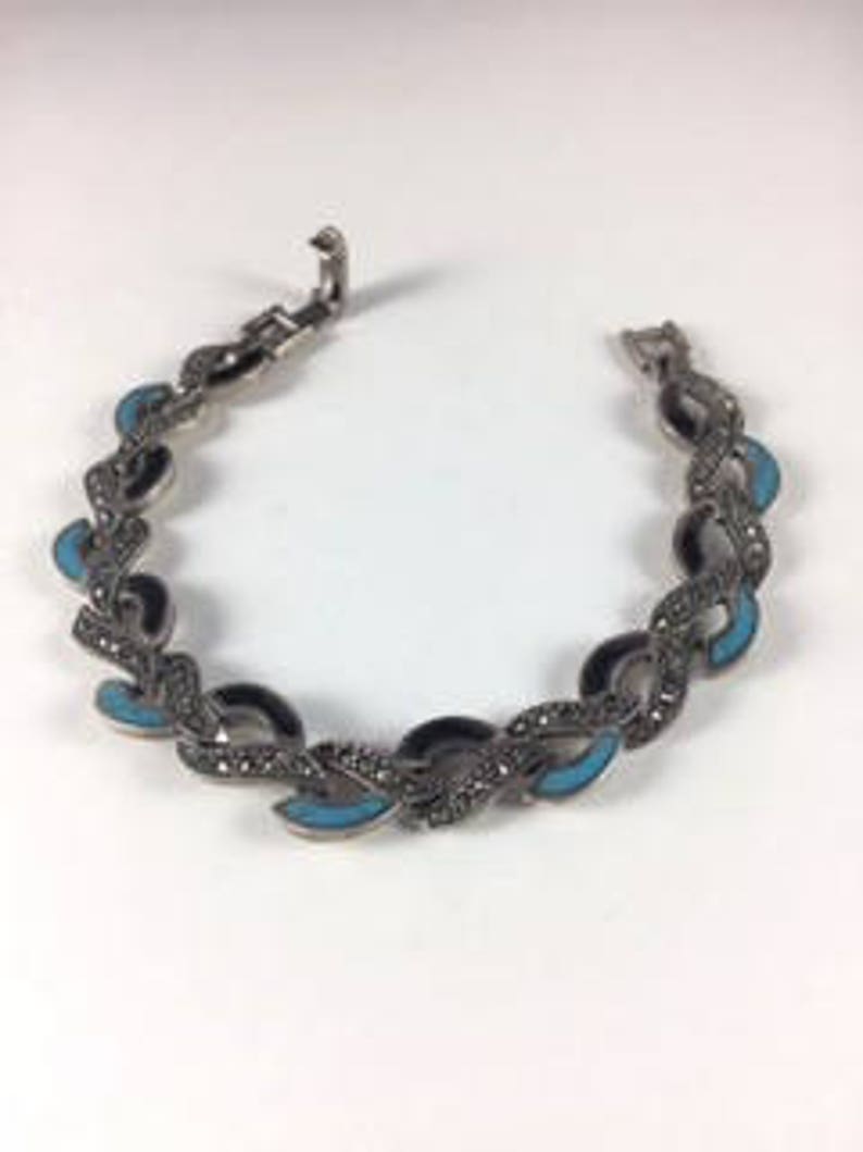 Onyx Turquoise 10276 Marcasite and Sterling Silver Link Bracelet With Alternating Links of Turquoise and Onyx