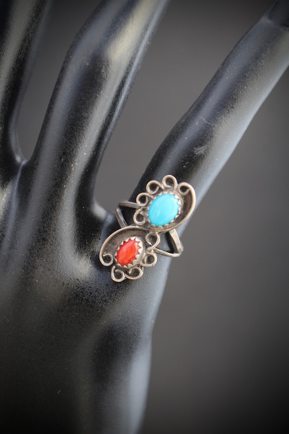 Native American Brilliant Vintage Royston Turquoise Coral Sterling Silver Ring Native American Brilliant Vintage Royston Turquoise Coral Sterling Silver Ring