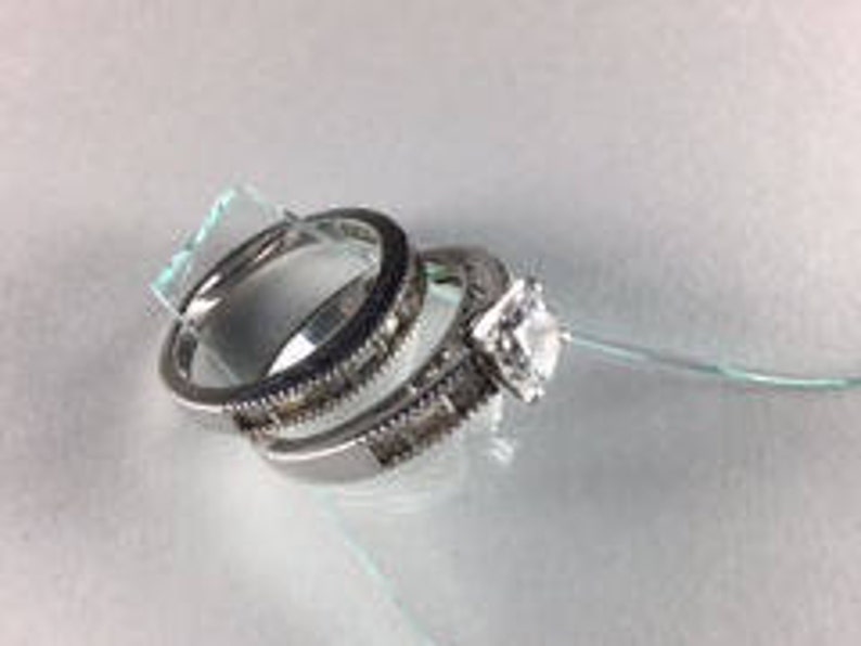 9 Cubic Zirconia Silver Engagement Ring and Wedding Band Set with Solitaire and Small Clear CZ Stones Sz