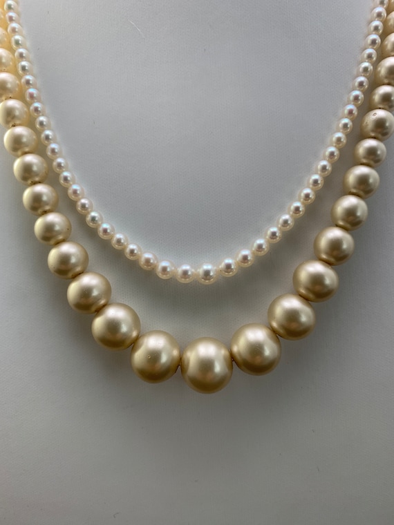 Faux Pearl pair of necklaces: Sterling clasp on l… - image 2