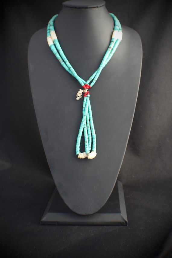 Awesome Vintage Native American Navajo Kingman Turquoise Coral White Shell 4 Strand Jacla Awesome Vintage Native American Navajo Kingman Turquoise Coral White Shell 4 Strand Jacla