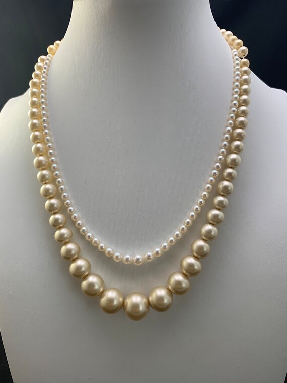 Faux Pearl pair of necklaces: Sterling clasp on l… - image 4