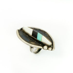 Zuni Style Shadowbox Ring with Sterling Silver, Mother of Pearl, Jet Black Onyx and Turquoise in Southwestern Native American Style / Size:5