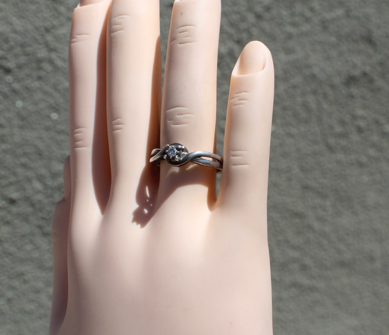 sterling silver ring of Mid Century style set in a size 7 Small diamond engagement ring Wedding anniversary 10518 with round solitaire