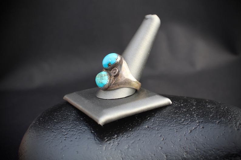 Navajo A-73 Men\u2019s Native American old pawn in size 12 US with two turquoise stones and tribal symbol heavy sterling silver ring