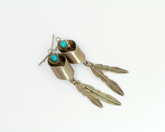 Native American Earrings: Feather and Turquoise S… - image 1