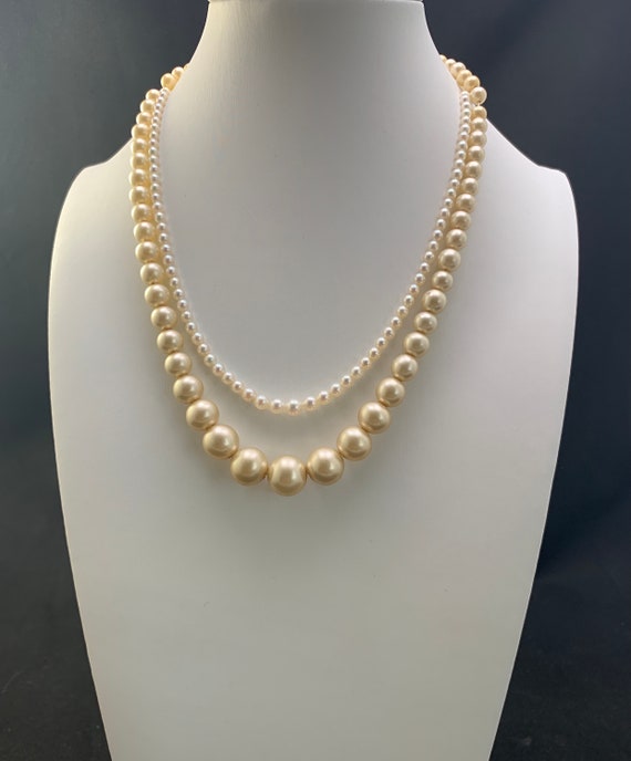 Faux Pearl pair of necklaces: Sterling clasp on l… - image 1