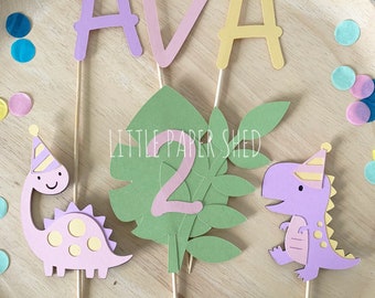 Dinosaur Pastel Cake Topper | Pink Pastel Dinosaur Party Theme | Personalised with Age and Name | Dinosaur Party