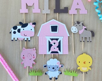 Farm Pink Cake Topper Set | Farm Cake Topper | Pink Farm Party | Barn Farm Party Decor | Farm Party | Barn Cow Cake Topper |