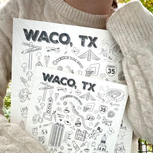 May include: Two black and white illustrated maps of Waco, Texas. The maps are filled with hand-drawn icons and text, including "Waco, TX", "Cameron Park Zoo", "Lover's Leap", "McLane Stadium", and "Farmers Market".