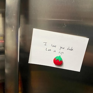 May include: A white note with the handwritten text "I love you dude. Let it rip" is attached to a stainless steel surface. A red tomato-shaped magnet with green leaves is affixed to the note.