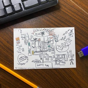 May include: A hand-drawn map with the word "MIND" and other text, including "COIL... OF DOOM" and "PERPETUITY WING." A yellow pencil and a blue USB drive are on a wooden surface near a keyboard.