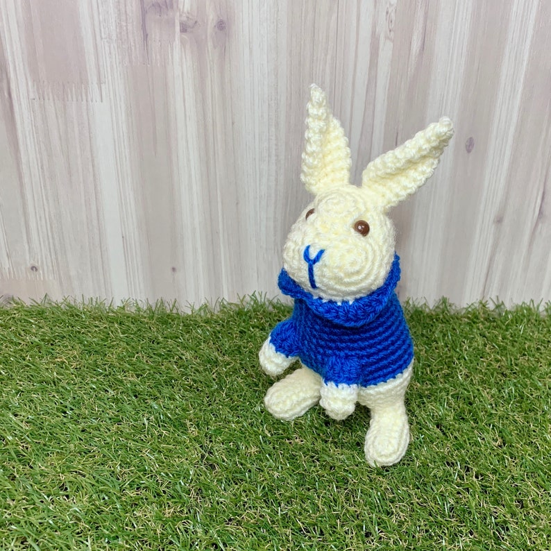 May include: A crocheted white bunny wearing a blue sweater. The bunny is sitting on a green grassy surface.