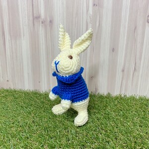 May include: A crocheted white bunny wearing a blue sweater. The bunny is standing on a green grassy surface.
