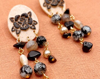Rose Cameo Natural Pearl Shell and Glass Bead handmade beaded dangle earrings - Black and Neutral