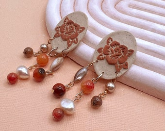 Rose Cameo Natural Pearl Shell and Glass Bead handmade beaded earrings