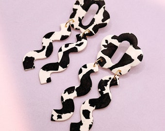 Retro Daisy Cow Print Western Cowgirl Squiggle Shape Statement drop earrings