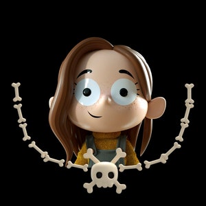 May include: A cartoon girl with brown hair and freckles smiles at the camera. She is wearing a yellow sweater and a blue overall dress. A white skull and crossbones made of bones is in front of her.