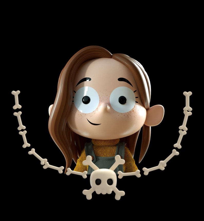 May include: A cartoon girl with brown hair and freckles smiles at the camera. She is wearing a yellow sweater and a blue overall dress. A white skull and crossbones made of bones is in front of her.