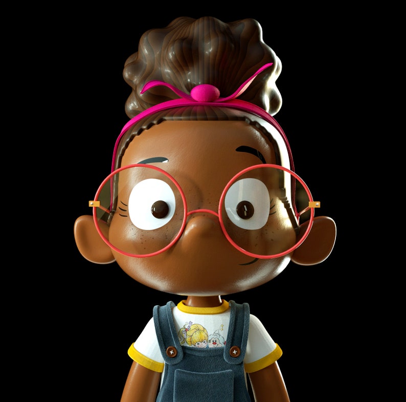 May include: A cartoon illustration of a young girl with brown hair, wearing pink glasses, a pink headband, and a blue overall dress with a white t-shirt.