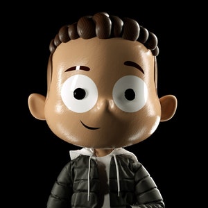 May include: A 3D cartoon illustration of a young person with brown hair, wearing a black puffer jacket with a white hoodie underneath. The person has a light brown complexion and is smiling.