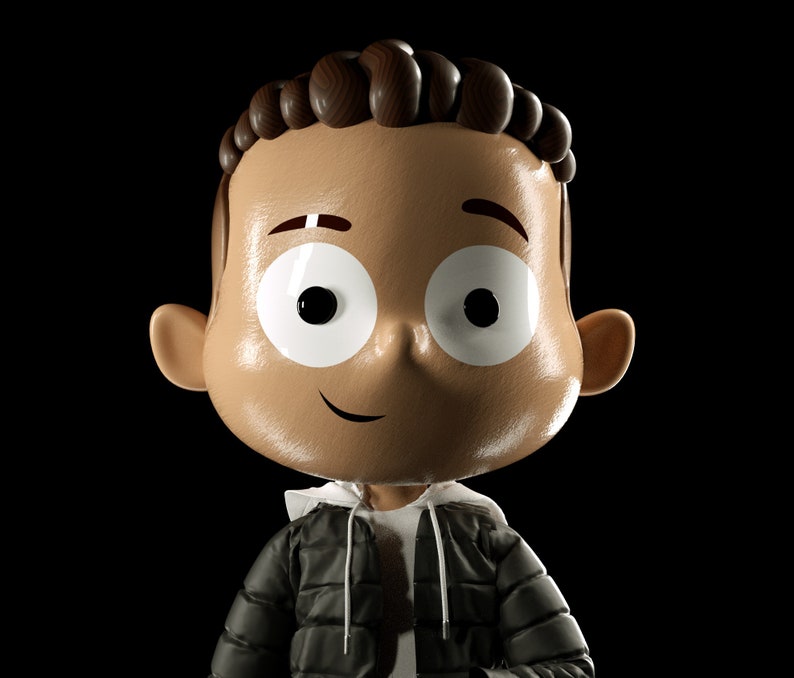 May include: A 3D cartoon illustration of a young person with brown hair, wearing a black puffer jacket with a white hoodie underneath. The person has a light brown complexion and is smiling.