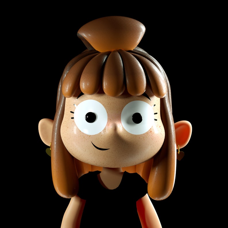 May include: A 3D cartoon illustration of a girl with brown hair, wearing a black shirt and earrings. She has a friendly expression with big eyes and a smile.