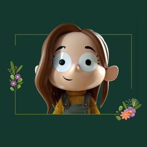 May include: A cartoon illustration of a girl with brown hair wearing a yellow sweater and blue overalls. She is smiling and looking to the right. The background is a dark green.