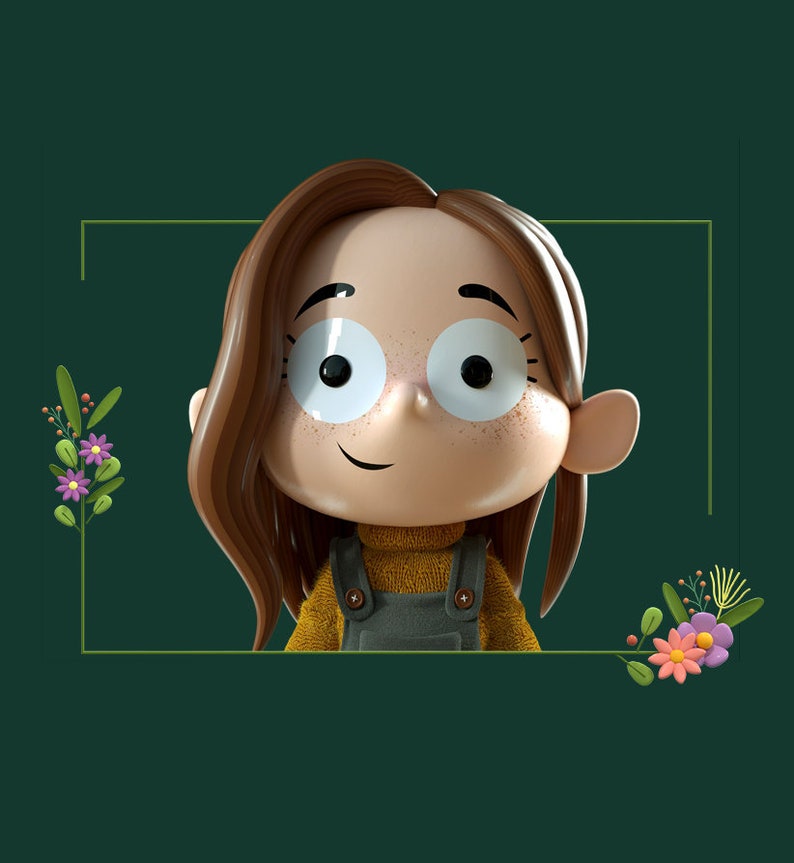 May include: A cartoon illustration of a girl with brown hair wearing a yellow sweater and blue overalls. She is smiling and looking to the right. The background is a dark green.