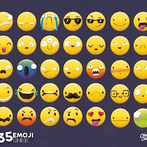 May include: A set of 35 yellow emoji illustrations with diverse expressions, such as smiling, crying, and wearing sunglasses. The text "35 EMOJI CLIP ART SET" is at the bottom, with the artist's signature in the bottom right corner. The background is a dark blue.
